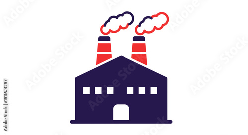 Industrial Factory Building with Smokestacks Emitting Smoke.