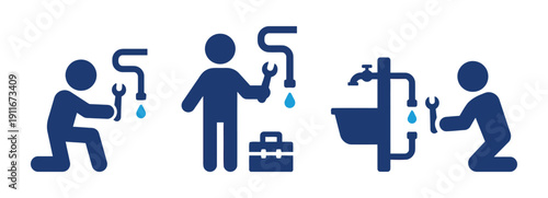 Plumbing service icons showing a plumber working on pipes and sink with tools