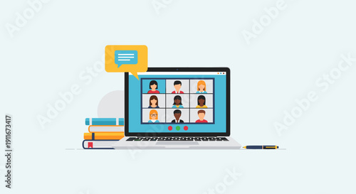 Laptop Displaying Video Conference Call Screen.