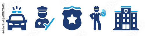 Police and law enforcement icons including car, officer, badge, and station
