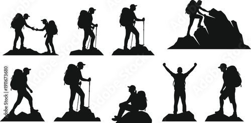 Hiking and mountaineering silhouette set, trekking people with backpacks on mountain peaks, outdoor adventure and climbing icons for travel design,