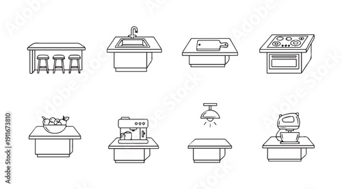 Kitchen Counter Icons: Bar, Sink, Cutting Board, Stove, Fruit Bowl, Coffee Maker, Lamp, Mixer