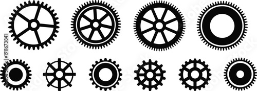 Collection of black gear and cogwheel silhouettes isolated on white background representing mechanical engineering, industrial machinery, technology systems and teamwork concepts, 
