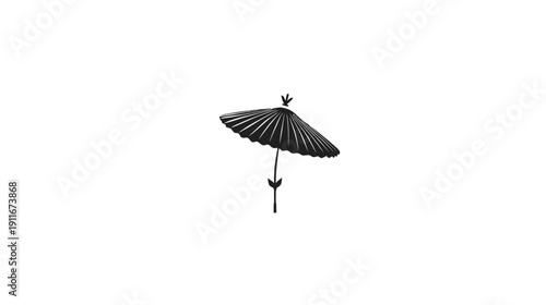 A simple, black-and-white illustration of an open parasol against a stark white background
