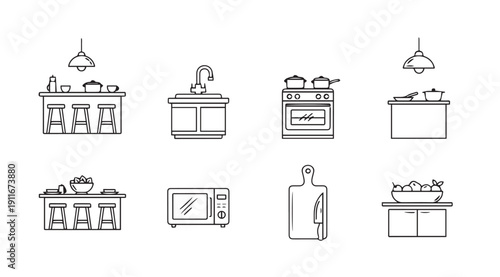 Kitchen Icons Set: Bar, Sink, Stove, Microwave, Cutting Board, Fruit Bowl
