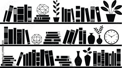 Black Silhouette Of Bookshelves Filled With Books Plants And Decorative Objects bookshelf reading