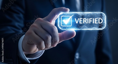 Businessman verifying identity with glowing verified badge