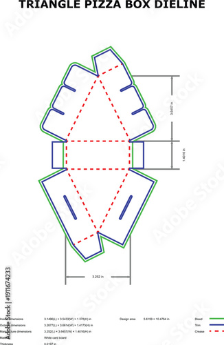 A technical diagram of a triangle pizza box dieline with measurements