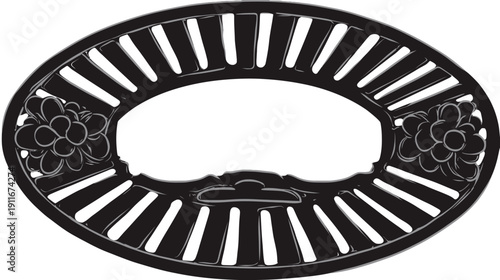 A black and white vector illustration of an oval-shaped frame with ornate floral elements