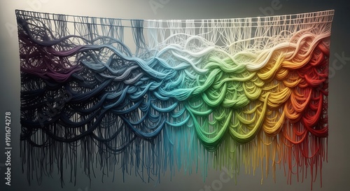 Colorful hanging fiber art displays a gradient of flowing, interwoven strands against a muted background.