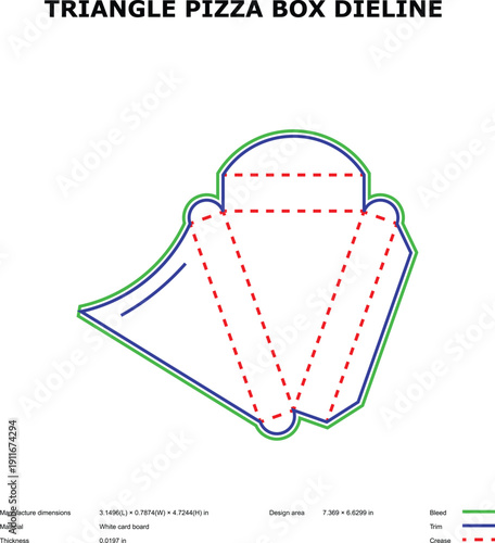 A technical diagram of a triangle pizza box dieline template