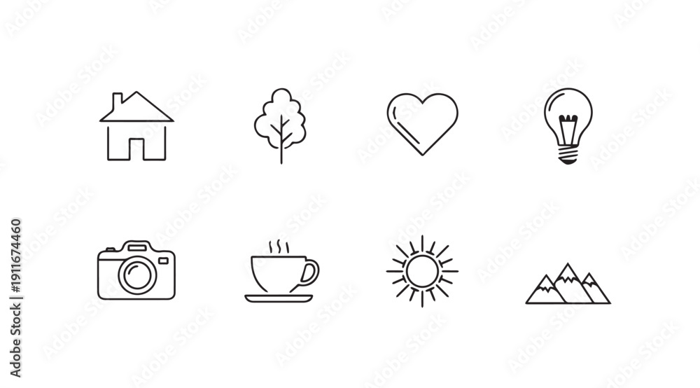 Fototapeta premium Minimalist Line Icons: Home, Tree, Heart, Lightbulb, Camera, Coffee, Sun, Mountains