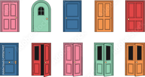 Collection Of Ten Colorful Cartoon Doors With Different Styles And Colors entrance exit