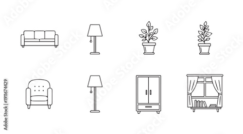 Minimalist Line Art Icons of Home Furniture and Decor Elements