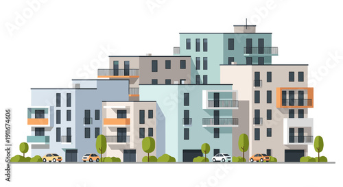 Modern Apartment Buildings with Balconies and Windows.