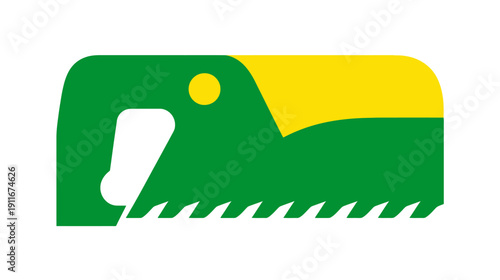 A geometric illustration of an animal head with a yellow beak and green body, jagged bottom