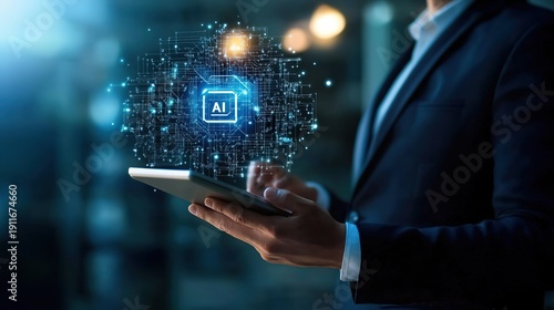Wallpaper Mural Businessman holding tablet with AI icon holographic tech interface, big data network connection business artificial intelligence concept Torontodigital.ca
