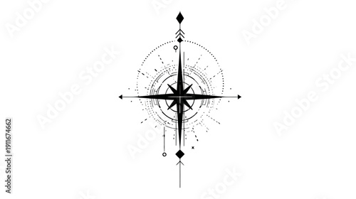 A black and white illustration of a compass rose with intricate circular designs