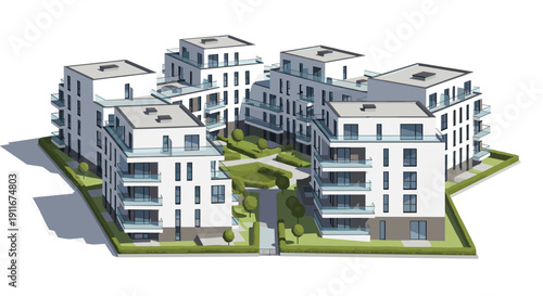 Modern White Apartment Buildings with Balconies.