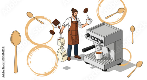 Barista Preparing Coffee Using Espresso Machine Illustration.