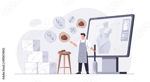 Artist Sculpting Clay Statue Using Digital Tools.