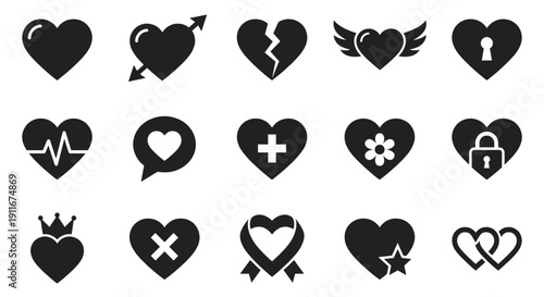 Heart shape, love, and romance silhouette icon collection