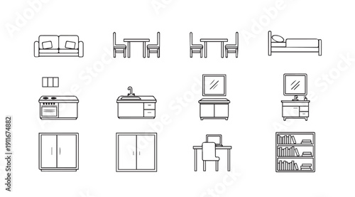 Outline Icons of Home Furniture and Appliances for Interior Design Concepts