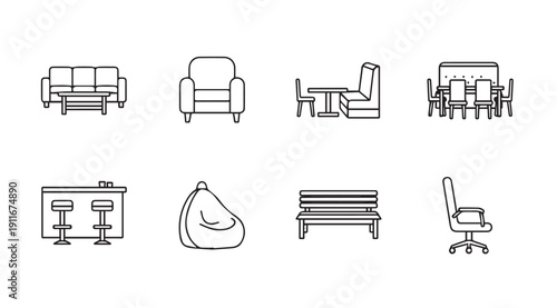 Outline Furniture Icons: Sofa, Armchair, Dining Set, Bar, Beanbag, Bench, Office Chair
