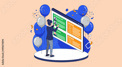 Businessman interacting with digital interface and balloons.