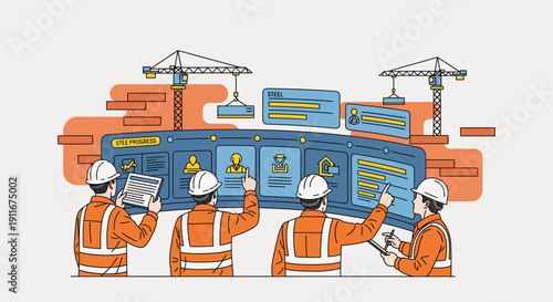 Construction Workers Monitoring Project Progress On Screens.