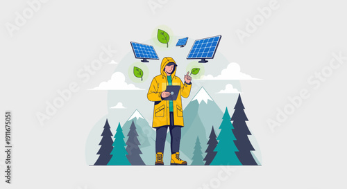 Environmental Scientist Using Tablet in Forest with Solar Panels.