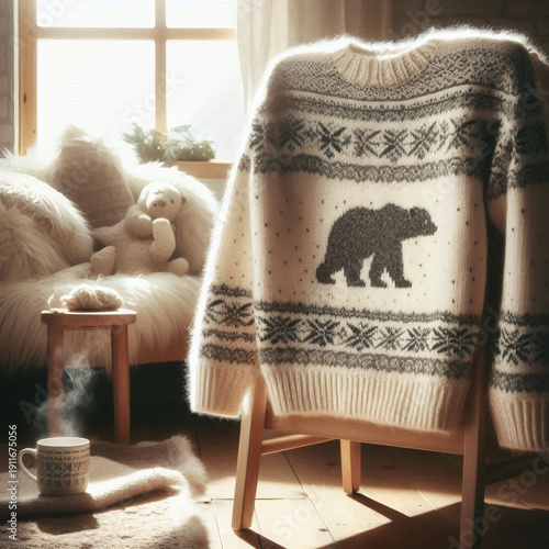 Wallpaper Mural A Cozy Cream Colored Wool Sweater With A Dark Bear Motif And Nordic Patterns Draped Over A Wooden Chair In A Sunlit Rustic Interior Torontodigital.ca