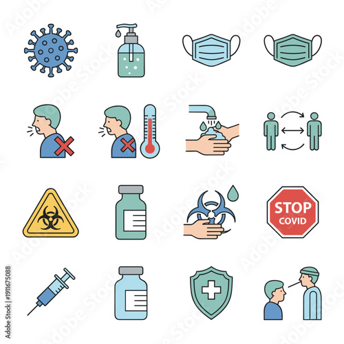 COVID-19 pandemic and medical prevention flat outline icons set