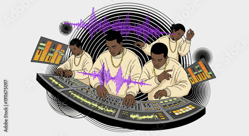 Four Men Operating Audio Mixing Console in Studio.