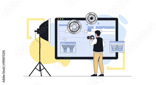 Man Using Virtual Reality Interface with Technology Elements.