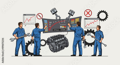 Mechanics Working on Engine and Gear Components Illustration.