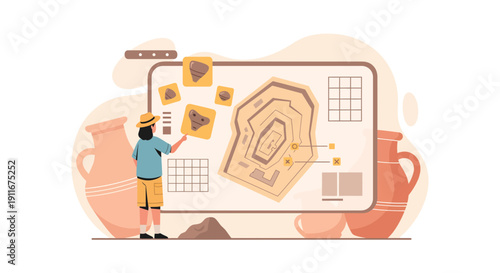 Person Analyzing Ancient Artifact Map Illustration.