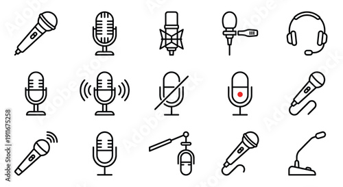 Microphones and audio recording outline icons set, podcast and radio equipment