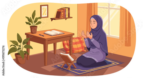 Muslim Woman Praying at Home, Reading Quran, Peaceful Devotion