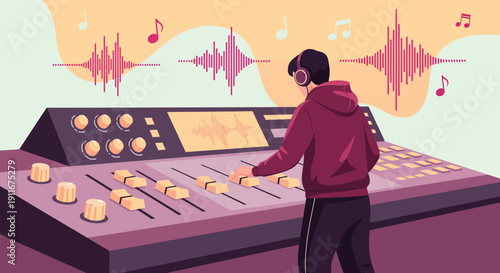 Person Operating Audio Mixing Console in Studio.