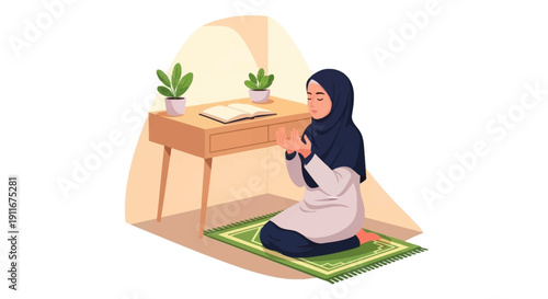 Muslim Woman Praying at Home, Reading Quran