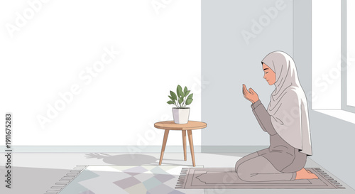 Muslim Woman Praying at Home, Wearing Hijab, Kneeling on Prayer Mat