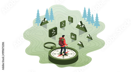 Person Sitting on Compass with Directional Icons.