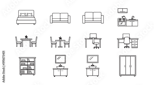 Set of 12 simple line art icons representing home furniture and interior design elements.