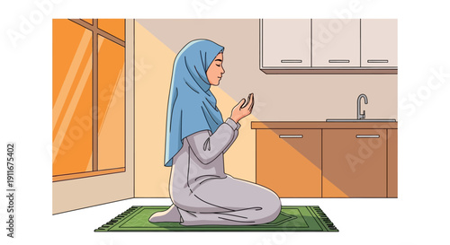 Muslim Woman Praying in Hijab, Kneeling on Prayer Mat Indoors