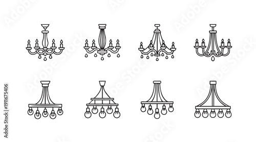 Set of chandelier icons, line art, various styles, isolated on white background