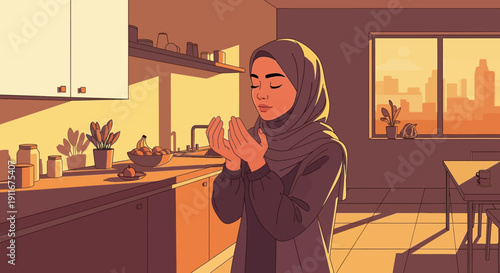 Muslim woman praying in kitchen at sunrise, peaceful moment, devotion and faith