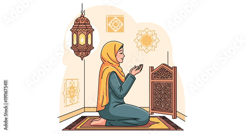 Muslim Woman Praying in Hijab, Ramadan Lantern and Islamic Decor