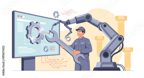 Technician Operating Robotic Arm For Machine Maintenance.