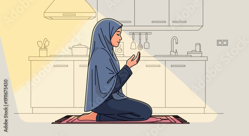 Muslim Woman Praying in Kitchen, Ramadan, Islamic Faith, Solitude, Home Worship